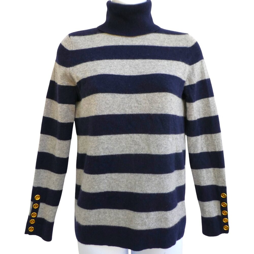 Cashmere by Bloomingdales Navy Gray Turtleneck Sweater Striped Gold Button Cuffs